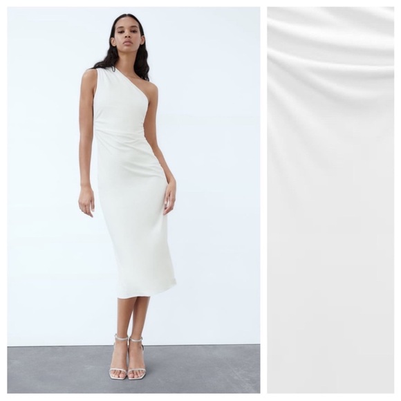 NWT. Zara White Knit Fabric Midi Dress with Asymmetric Neckline. Size L - Picture 2 of 5